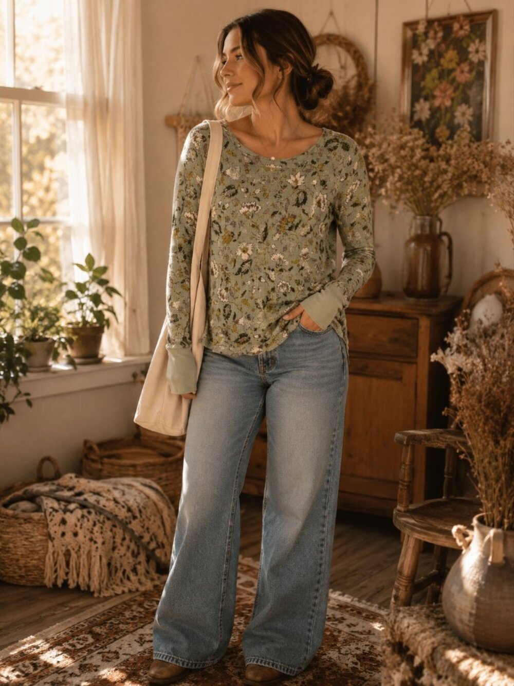 Knox Rose Sage Green Floral Waffle Knit Long Sleeve Top